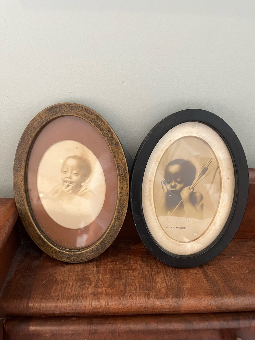 Antique Oval Photo Frames Set with rare cupid awake & cupid asleep mb parkinson
